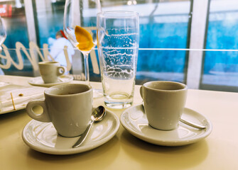Italian coffee culture with espresso and cappuccino served in white cups, symbol of relaxation, energy, and authentic morning rituals