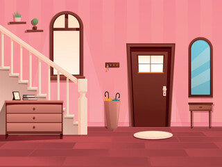 Modern home hallway interior. Country house inside, private property. Entrance wooden door, carpet, chest of drawers, nightstand, umbrella holder sapid vector scene