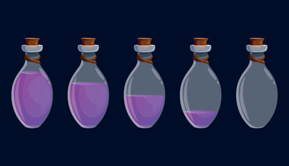 Elixir bottle game design. Arcade computer game element, potion in glass flask. Magic life or power level. Cartoon play bonus or gift, sapid vector scene