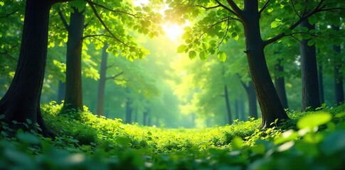 Lush green forest background, vibrant foliage, sunlight dappled through leaves, tranquil nature scene, perfect for ecological, environmental, or nature-themed projects , scenic, texture, outdoor