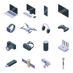 Isometric electronic technology 3d gadgets. Laptop computer headphones usb-card, ai glasses. Different modern devices icons, nifty vector clipart
