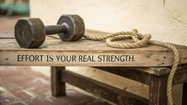 Inspirational Quote on a Wooden Bench with Dumbbell and Rope
