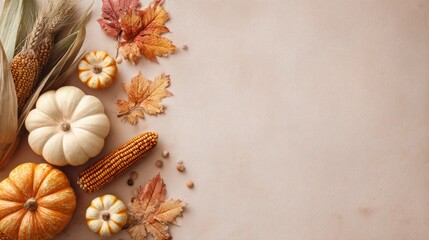 Autumnal pumpkins, corn, and leaves border a beige backdrop, ideal for text overlay