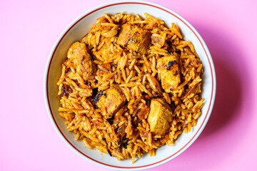 London UK, September 01 2025, Classic Indian Style Spicy Chicken Biryani Meal With No People