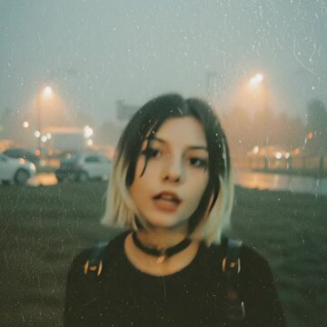 A girl walks in the rain towards camera as camera also moves backwards. She smiles gently, barely noticable.