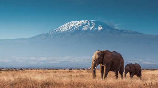 Elephants roam grassy plains with snowy mountain backdrop under clear blue sky