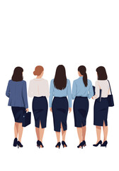 Fototapeta premium Five women in business attire walking away from the camera in a professional setting