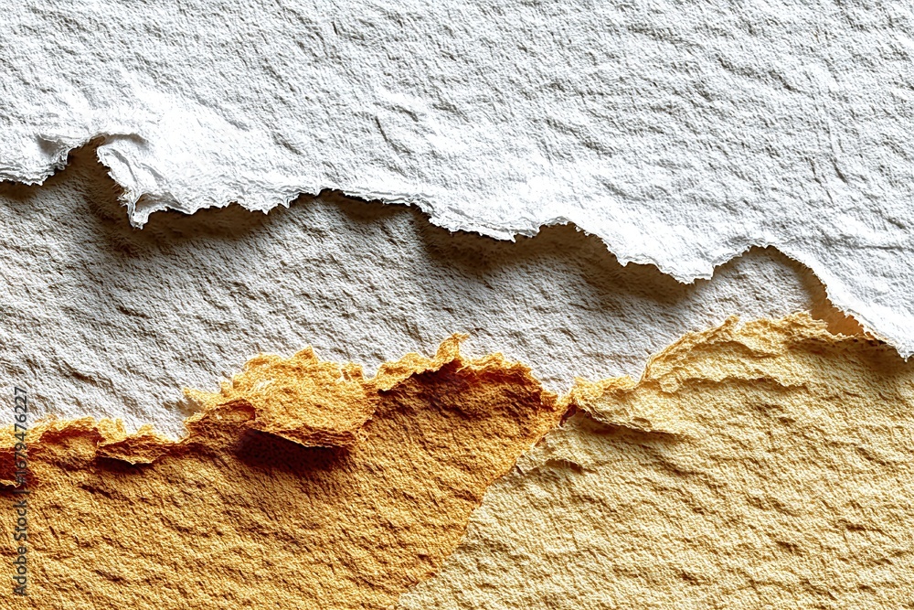 Poster textured layers of paper with torn edges create an abstract composition of white and earthy tones in