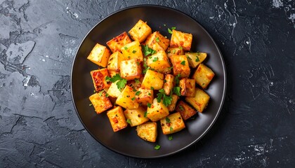 Traditional Spanish potato, patatas bravas with smoked paprika, spicy tomato sauce and parsley in a white bowl