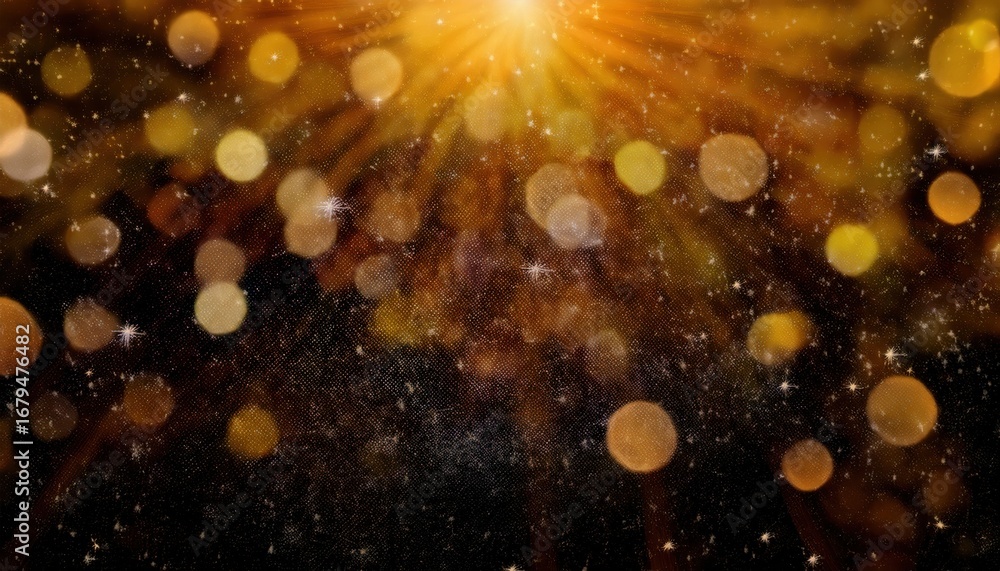 Poster golden glittering light bokeh with sparkling dust and glowing rays creating festive luxury backgroun