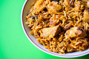 London UK, September 01 2025, Classic Indian Style Spicy Chicken Biryani Meal With No People