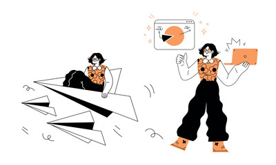 Illustration of a Creative Workspace featuring Female Characters with vibrant and engaging artistry