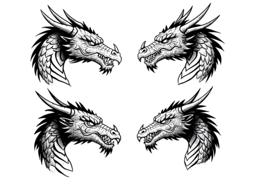 Four intricate dragon heads illustration isolated on transparent background