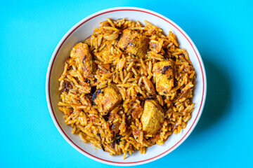 London UK, September 01 2025, Classic Indian Style Spicy Chicken Biryani Meal With No People