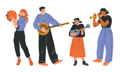 Diverse musicians are collaboratively playing instruments, creating an energetic atmosphere
