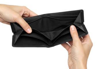 Hands holding black geometric envelope clutch isolated on transparent background