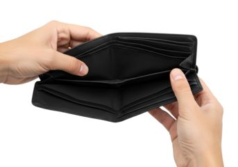 Empty black wallet with cash compartment isolated on transparent background
