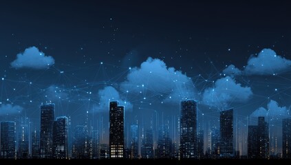 Night cityscape, interconnected.  Abstract digital network connects illuminated skyscrapers and clouds at night