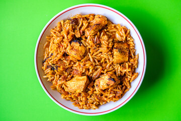 London UK, September 01 2025, Classic Indian Style Spicy Chicken Biryani Meal With No People