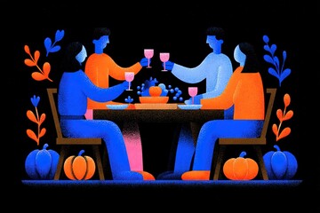 Celebrating together in a warm autumn gathering with friends around a table adorned with food and drinks