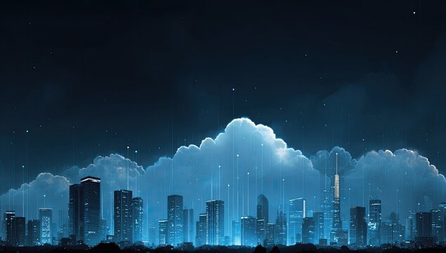 Futuristic city skyline at night, illuminated by a glowing cloud