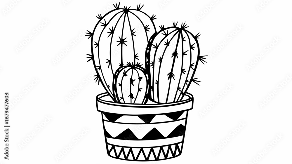 Poster three cacti in a patterned pot drawn in black and white with distinct spines and simple line work st