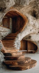 Wooden staircase within a cave-like structure.  Natural wood curves flow into the cave walls