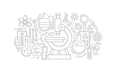 Medical laboratory icons with microscope, flasks and chemical research equipment. Outline banner of scientific lab with microscope, glass tube, beaker, molekule and cell, vector illustration