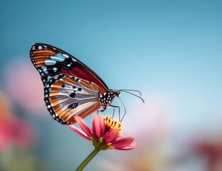 Fototapeta premium A vibrant butterfly rests delicately on a pink flower against a soft blue sky. 