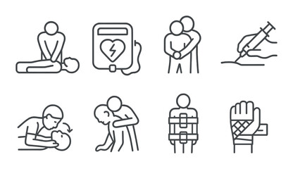 Icons of first aid procedures and emergency medical techniques