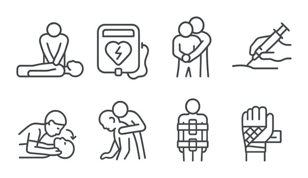 Icons of first aid procedures and emergency medical techniques