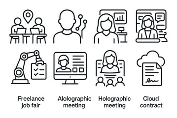 Futuristic digital communication: job fair, meetings, cloud contracts, ai