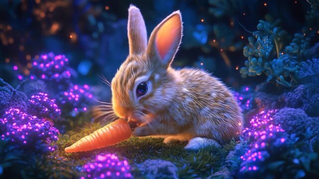 A small, light brown rabbit nibbles on a vibrant orange carrot amidst a glowing, mystical forest setting.  
