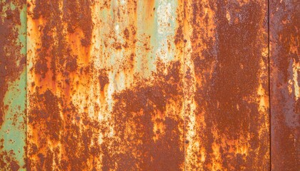 A close-up view of a rusted metal surface, showcasing intricate patterns of oxidation and discoloration, with varying shades of orange, brown, and light green, creating a textured and aged aesthetic.
