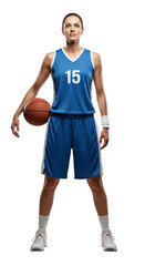Full length portrait of a strong female basketball player in a blue uniform, holding a ball and looking at the camera, isolated on white