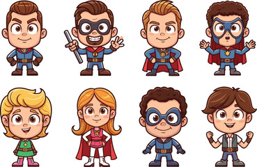 Cute cartoon superhero kids, colorful costumes, masks, capes, heroic poses, diverse characters, isolated flat vector illustration for comic or game