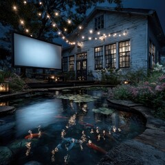 Outdoor movie night by a serene pond