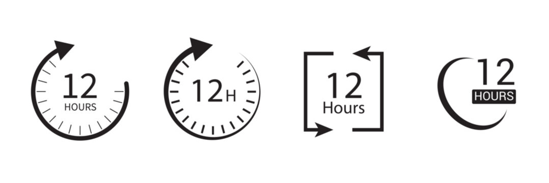 12 hours service icon vector set. 12 hours service duration sign. Vector Set of Hour Labels. 12 hours clock arrow icons, work and delivery time symbols. 12hr support sign collection.