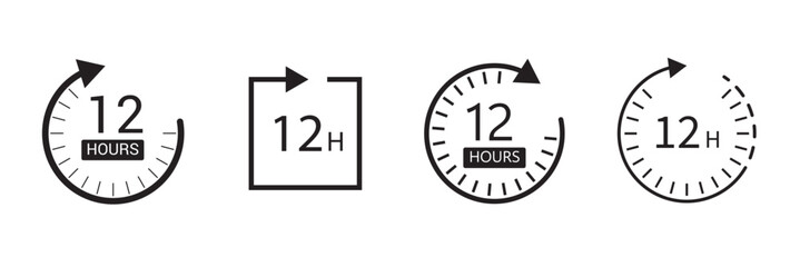 12 Hours clock icon concept, simple flat design. Clipart vecot in black colors