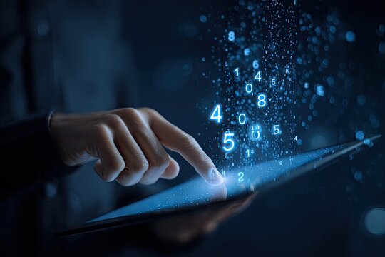 Close-up of a hand interacting with a tablet, displaying floating numbers