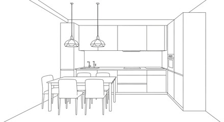 A modern kitchen and dining area in a minimalist line drawing style