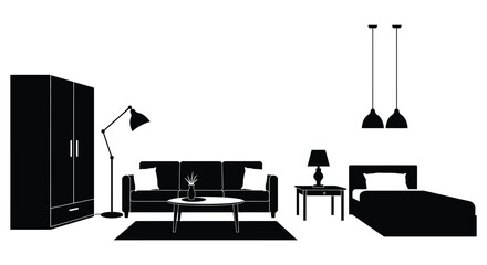 A minimalist black and white furnished bedroom interior with modern decor
