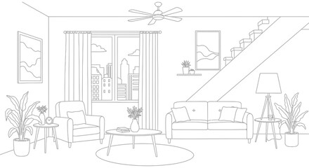 A living room with furniture and a staircase