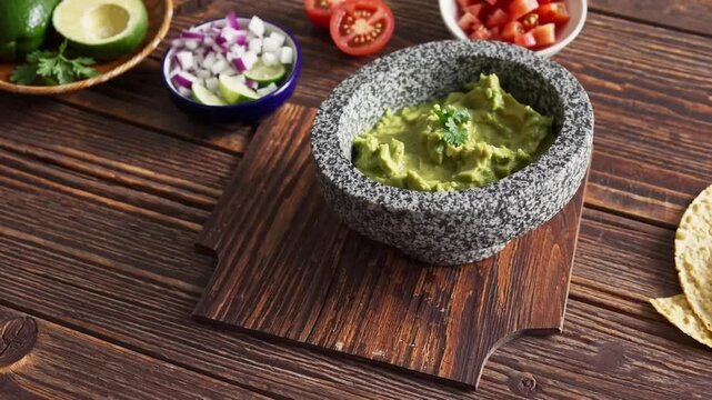 Traditional Avocado-Based Dip Prepared in Stone Mortar Accompanied by Various Fresh Ingredients Arranged on Wooden Surface