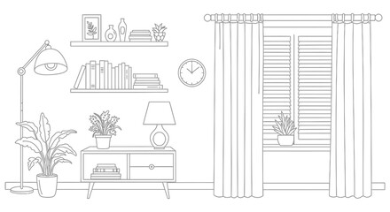 A line drawing of a cozy living room with furniture and decor © Siam Studio