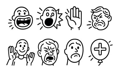 Cartoon emoticons displaying various facial expressions and emotions in black and white