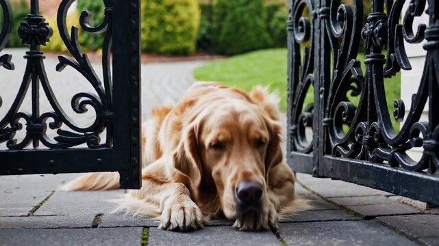 protective canine peering beneath barrier with sorrowful expression, conveying themes of vigilance, anticipation, and fidelity