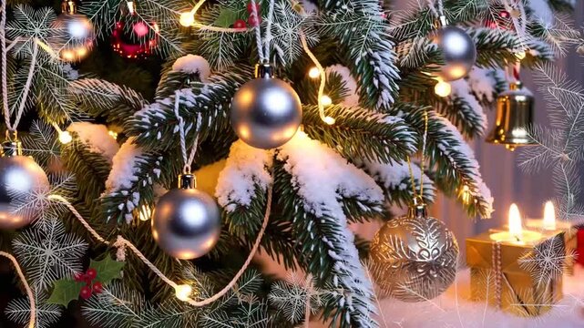 Festive holiday background design with evergreen tree, holly plant, stellar shapes and frozen precipitation