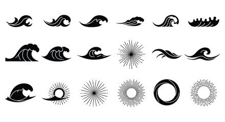 Collection of various wave and sunburst icons in black and white