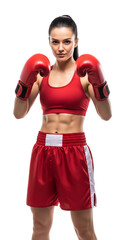 Confident female boxer in red sportswear and gloves stands in a fighting pose against a white background, showcasing her athletic physique and determination